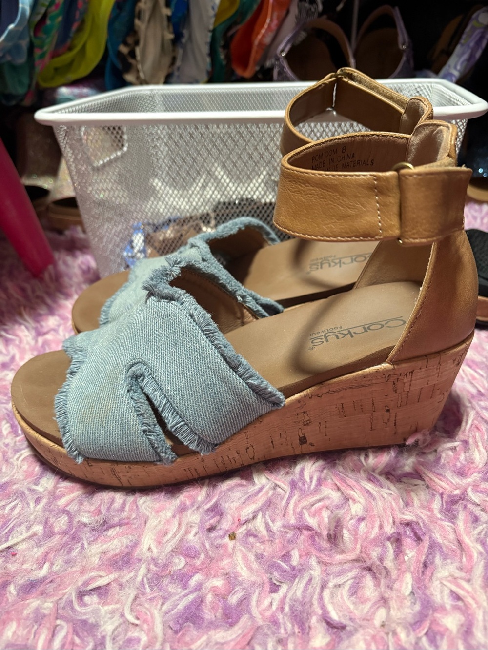 Corkys Women's Light Blue Denim Wedge Sandals with Tan Ankle Strap SZ 8